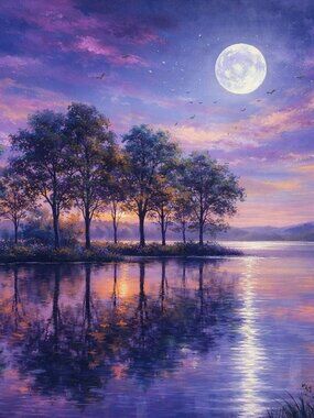 Purple Pink Moon Lake Canvas Wall Art Print 36x24 Large Landscape Decor